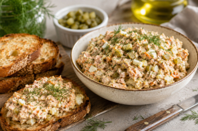 Вкусный паштет из баночки горбуши, жареного лука и яйца: смешиваем за 5 минут, подаем с поджаристым хлебом